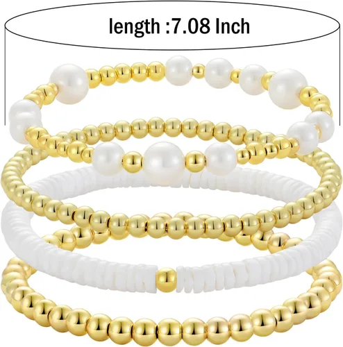 Vista 2 de Pulsera de cuentas de oro para mujer, apilable, chapada en perlas, juego de pulseras elásticas para mujer, a la moda