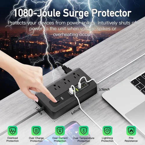 Vista 6 de HITRENDS - Regleta de alimentación con USB, cable de extensión de enchufe plano de 6 pies con 8 tomas, 3 puertos USB y 3 puertos tipo C (5V/3A)