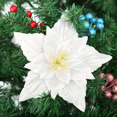 Vista 6 de 10 flores artificiales de Pascua con purpurina navideña con 10 clips, flores falsas grandes de doble capa de 7.1 pulgadas, adornos de boda y Año