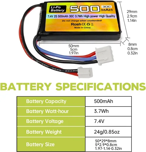 Vista 2 de Batería Lipo de 7.4 V, 500 mAh, 30 C, batería de drones con enchufe PH2.0 para modelos de automóvil AX24 SCX24 RC compatibles con la mayoría