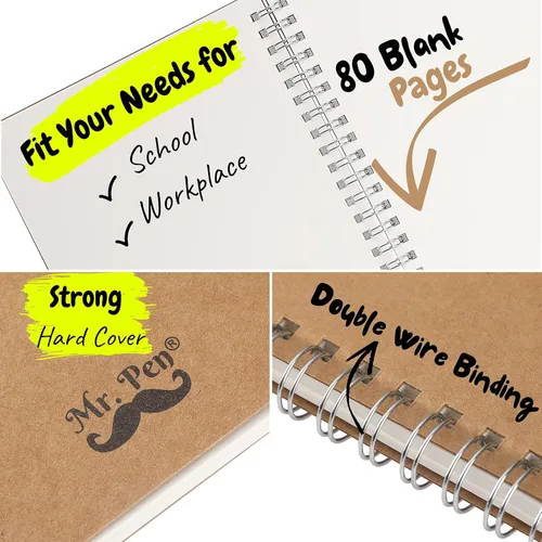 Vista 3 de Mr. Pen - Cuaderno de espiral, A5, tapa kraft, paquete de 2, 80 páginas, cuaderno de bocetos, cuaderno de dibujo, espiral de cuaderno, cuaderno