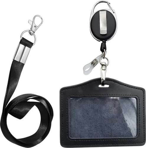 Vista 10 de Funda para tarjeta de identificación + cordón resistente (negro) + mosquetón retráctil de carrete y clip de plástico (cuero genuino)