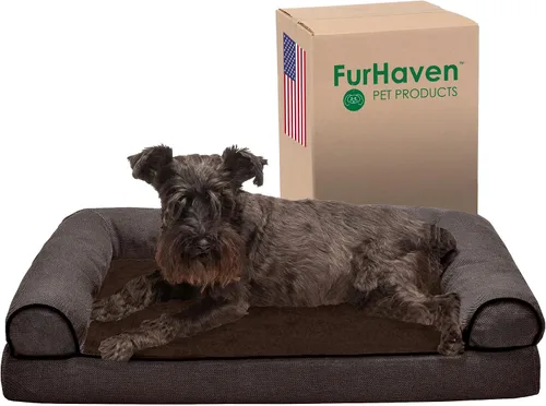 Vista 20 de Furhaven Cama para perro, de espuma viscoelástica, estilo sofá, Sherpa y chenilla, crema, M
