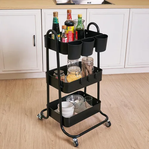 Vista 4 de Carrito utilitario de metal de 3 niveles, carritos de almacenamiento con asa y ruedas con cerradura, organizador de carrito de arte, carrito