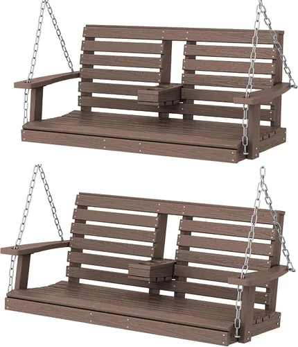Vista 25 de KINGYES Columpio colgante para porche al aire libre, silla de patio de 2 asientos con portavasos, banco impermeable para patio y jardín, capacidad
