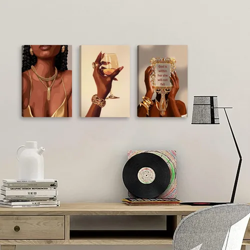 Vista 7 de RVETNGVM 3 piezas de arte de pared de niña negra, mujeres afroamericanas, cuadros abstractos de moda para niña, pinturas bohemias para sala