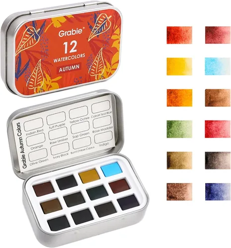 Vista 9 de Grabie Juego de 12 acuarelas de bolsillo, juego de pintura de acuarela de viaje, pinturas de acuarela, suministros de arte para pintura, gran juego