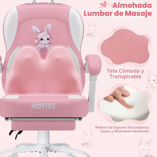Vista 4 de Silla de juegos rosa para niñas y niños, sillas de computadora de masaje con lindo conejito Cute Silla Gamer 135° Reclining Game Cahir with