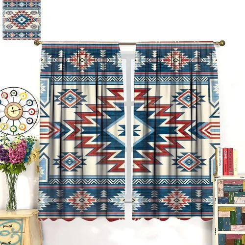 Vista 34 de Cortinas con patrón geométrico tribal, estilo suroeste, azteca, rústico, occidental, nativo americano, opacas, con bolsillo para barra, decoración