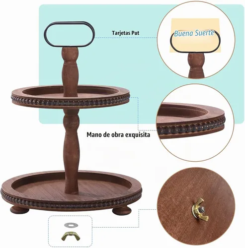 Vista 4 de Urban Deco Bandeja Decorativa de Madera de Dos Niveles Bandeja de Decoraciones Bandeja Redonda para Servir con Mango de Metal, Soporte de Madera