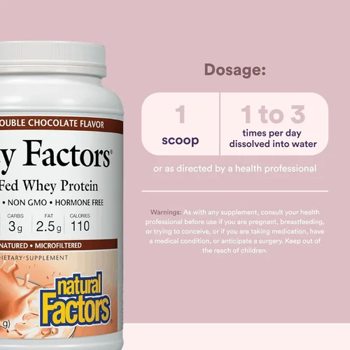 Vista 3 de Natural Factors Whey Factors, Grass Fed Whey Protein Concentrate, Aids Muscle Development and Immune Health, Double Chocolate, 2 lb