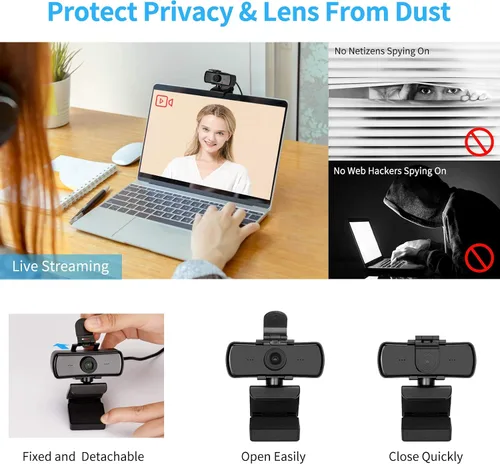 Vista 4 de Cámara web HD 1080P con micrófono y cubierta de privacidad, cámara USB Plug & Play, cámara web de enfoque fijo de gran angular de 120°