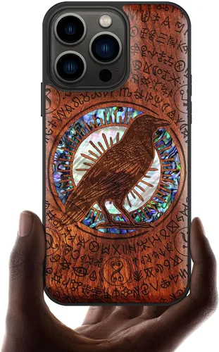 Vista 7 de Carveit Funda protectora de madera de diseñador para iPhone 13 Pro, funda magnética, grabado en madera e incrustaciones de concha, funda de madera