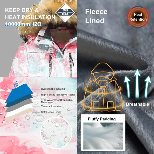 Vista 4 de Pursky Chaqueta de esquí impermeable para niñas, abrigos de nieve de invierno para niños, impermeable, parka