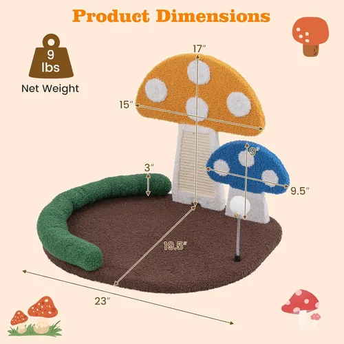Vista 4 de Tangkula Cama para Gatos en Forma de Seta, Rascador para Gatos con Plataforma Amplia y Elevada, Panel de Rascado de Sisal, Bola de Resorte