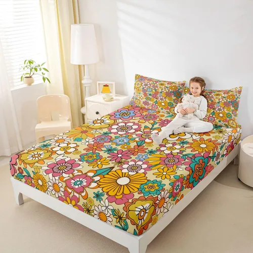 Vista 11 de Erosebridal Groovy - Sábana bajera ajustable de flores, tamaño individual, de los años 70S, 80S, 90S, 90S, vintage, floral, para niñas, mujeres
