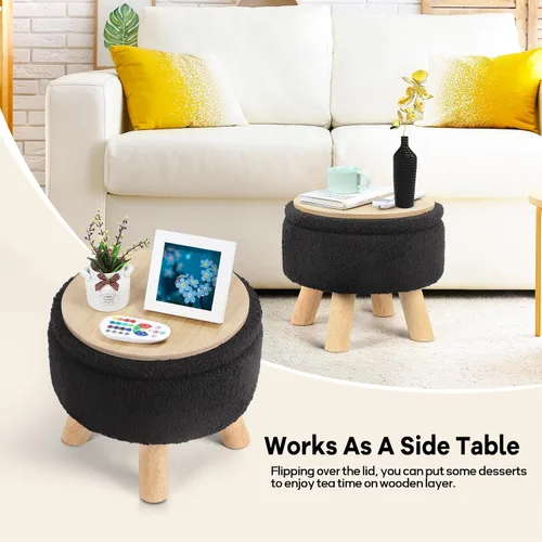 Vista 6 de OGEMXU Reposapiés otomano, otomana redonda pequeña con almacenamiento, taburete Boucle de terciopelo con patas de madera, otomana de almacenamiento