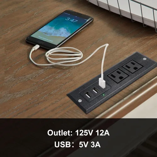 Vista 4 de Regleta de alimentación empotrable de escritorio con enchufe USB de montaje empotrado, 2 tomas de corriente, 3 puertos USB (15 W/3 A), estación