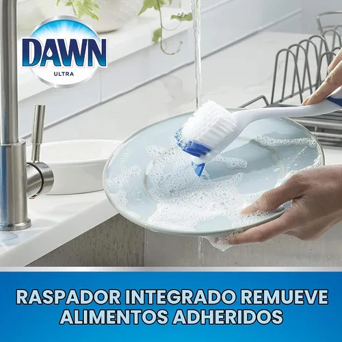 Vista 3 de Dawn Cepillo para platos con cerdas de nailon suave y raspador, azul/blanco