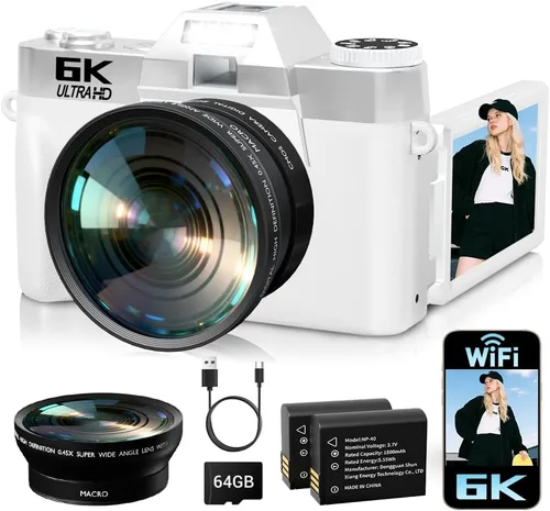 Vista 10 de Cámara digital 6K para fotografía con enfoque automático, cámara de videoblogs WiFi de 64 megapíxeles para YouTube con pantalla giratoria de 3