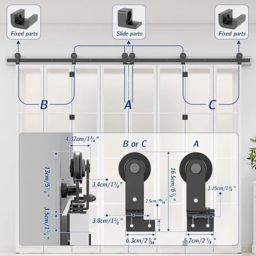 Vista 5 de Kit de riel de puerta corrediza de granero biplegable de 7 pies/84 pulgadas para interior de 8 puertas, resistente