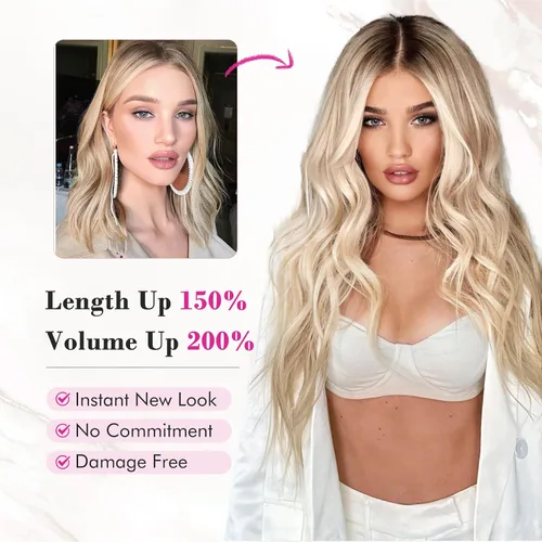 Vista 5 de REECHO Extensiones de cabello con pinza, 4 piezas de extensiones de cabello rubio de 24" de largo, ondas de playa gruesas, HE003, trama de encaje