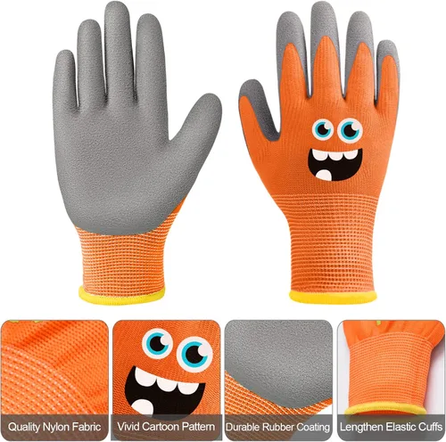 Vista 2 de 6 pares de guantes de jardinería para niños, guantes de trabajo para niños, guantes de jardín con revestimiento de goma para niños pequeños (S