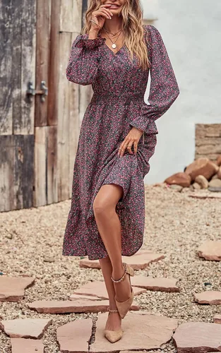 Vista 5 de PRETTYGARDEN Vestido de otoño casual de manga larga para mujer, estilo bohemio, plisado, cuello en V, volantes, estampado floral, vintage, vestidos