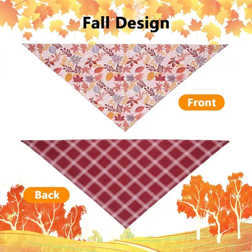 Vista 4 de Bandanas de otoño para perro, 2 unidades, pequeñas, bufanda de calabaza y hojas de Halloween, bufanda reversible de búfalo a cuadros, triangular
