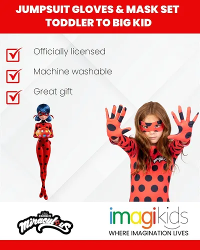 Vista 3 de Miraculous Ladybug - Conjunto de traje de cosplay de 3 piezas para niñas pequeñas y grandes