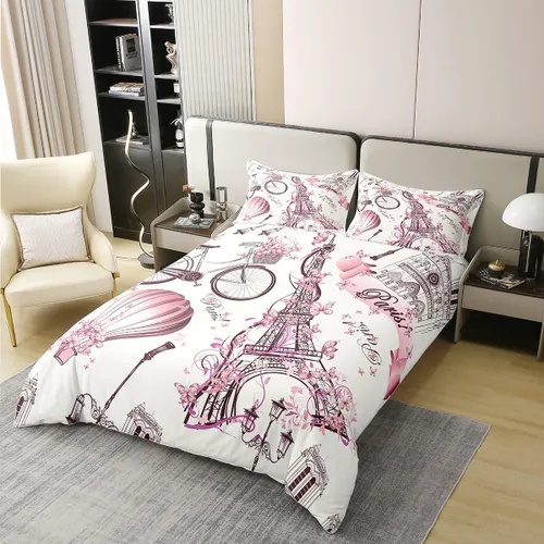 Vista 2 de Juego de funda de edredón de 100 % algodón natural con diseño de la Torre Eiffel para parejas, juego de ropa de cama floral rosa, funda de edredón