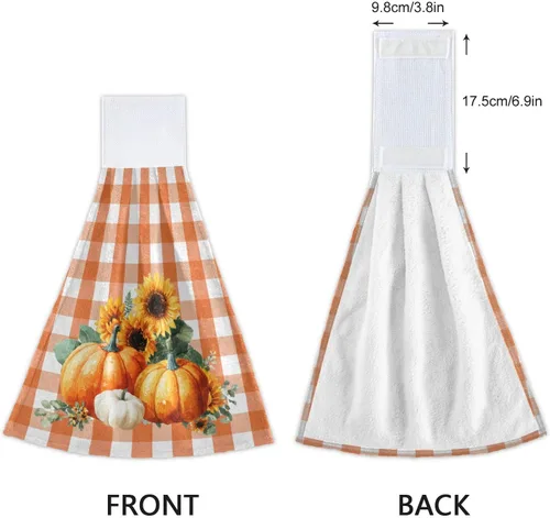 Vista 4 de Boccsty Toallas de Cocina Colgantes de Calabaza Otoñal 2 Piezas Cosecha Girasol Naranja Cuadros Buffalo Paños de Cocina con Lazo Toallas de Mano