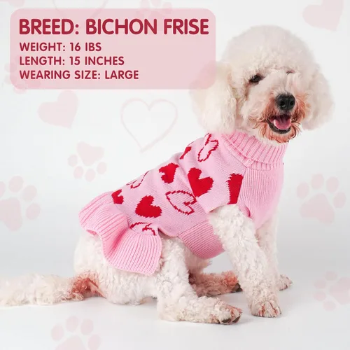 Vista 2 de cyeollo Vestido suéter para perro de San Valentín, suéteres cálidos de cuello alto para perros pequeños y niñas, ropa de punto elástico