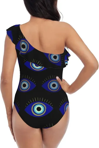 Vista 6 de Augenstern One Shoulder Ruffle Swimsuits Turkish-Evil-Eye-Symbol Monokinis Bathing Suits One Piece Swimwear