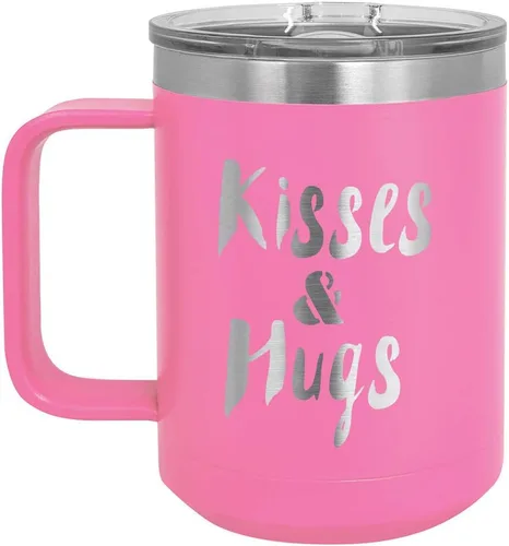 Vista 11 de KISSES AND HUGS Coral 15 oz Taza de café w/tapa deslizante Taza de café de viaje aislada Ideas de regalos de cumpleaños o Navidad de mujeres u