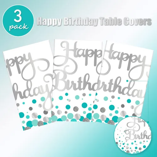 Vista 3 de 3 manteles de cumpleaños verde azulado y plateado para decoraciones