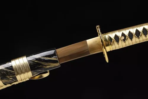 Vista 2 de Katana dorada hecha a mano, espada samurái japonesa 1095 de arcilla de acero templada, hoja de afeitar de espiga completa, afilada, regalos para él