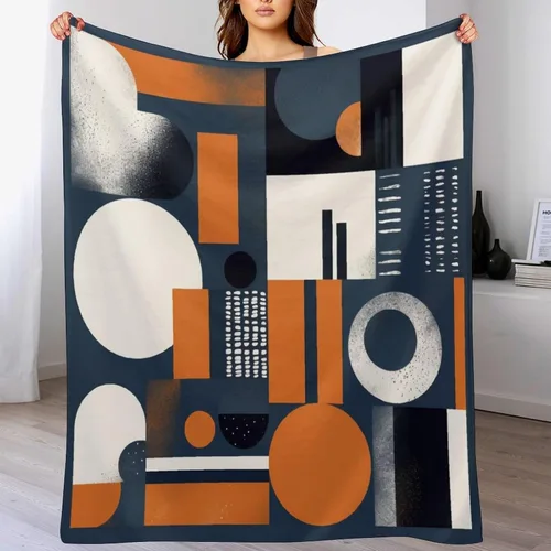 Vista 7 de Manta de franela de mediados de siglo, color azul marino, naranja quemado, estética abstracta, geométrica, acogedora, manta moderna de mediados