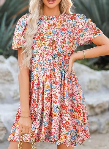 Vista 7 de Dokotoo Vestidos de verano para mujer, cuello redondo, manga abombada, lazo en la espalda, cintura imperio, bohemio, floral, mini vestidos