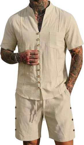Vista 3 de RTRDE Men's 2 Piece Outfits Cuban Guayabera Short Sleeve Shirts and Summer Beach Vacation Sets, S-3XL