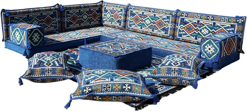 Vista 111 de arabicsofa Juego de asientos Jalsa en forma de L – Majlis árabe hecho a mano con almohadas de respaldo