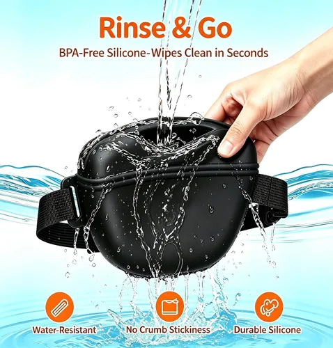 Vista 4 de Bolsa de golosinas para perros con clicker de entrenamiento, bolsa de silicona para golosinas, cierre magnético sin derrames, cinturón manos libres