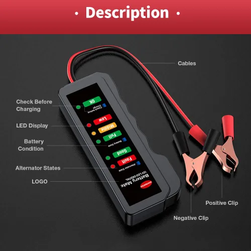 Vista 5 de KINGBOLEN Probador de batería de 12V para auto, Probador de alternador automotriz, Verificador de batería, Analizador para verificar el alternador