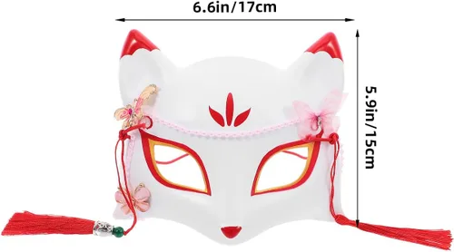 Vista 5 de SEWACC Máscaras tradicionales japonesas, máscara de zorro de anime japonés, zorro, cosplay, Kabuki, media cara para Halloween, fiesta de máscaras