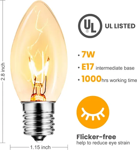 Vista 7 de Brightown Paquete de 25 bombillas incandescentes C9, bombillas de repuesto C9 de Navidad para cadena de luces de Navidad, base intermedia E17, 7