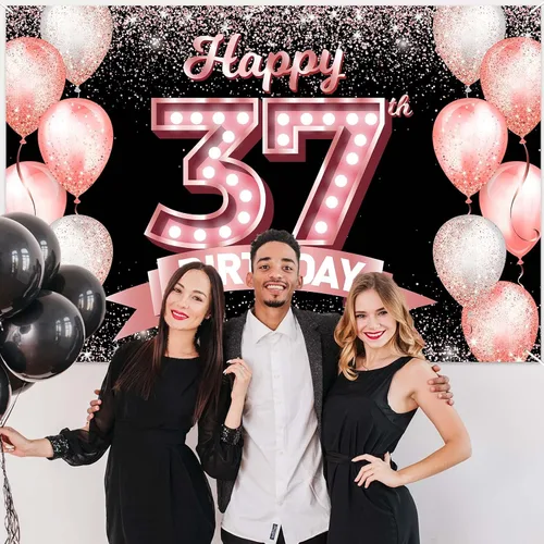 Vista 322 de Cartel de feliz cumpleaños décimo oro rosa, telón de fondo, saludos a 10 años, globos de confeti, decoración temática para niñas de 10 años