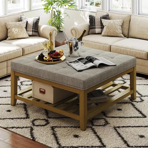 Vista 10 de Otomana con banco de almacenamiento, mesa de centro otomana de lino, gris oscuro Solid frame for added stability, 3.2-inch storage ottoman cushion