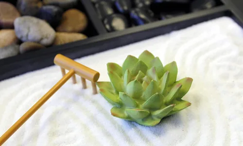 Vista 3 de Kit de jardín zen mini de Nature's Mark para escritorio con rastrillo, arena blanca, figura de loto, base cuadrada negra de 3 secciones, rocas