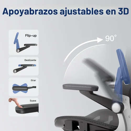 Vista 10 de marrap Silla de oficina ergonómica, silla de escritorio de malla con reposabrazos 3D, soporte lumbar ajustable y reposacabezas, función mecedora