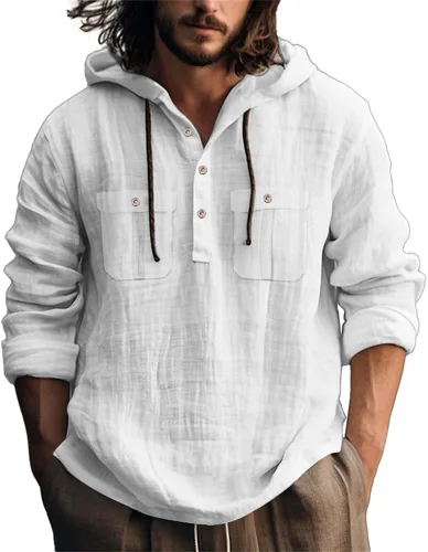 Vista 29 de Camisas de lino para hombre, ligeras, con botones, de manga larga, con capucha, ajuste regular, de algodón, para la playa